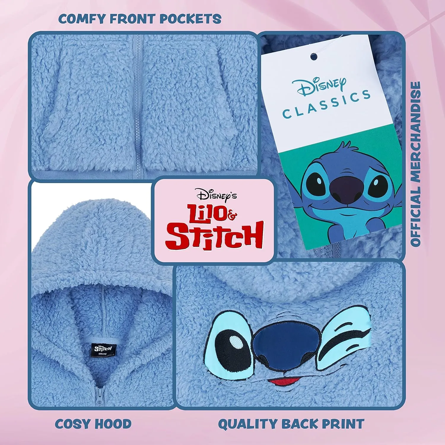 Disney Stitch Sherpa Hoodie for Girls, Zip Up Fleece Fluffy Hoodie for Kids Teens