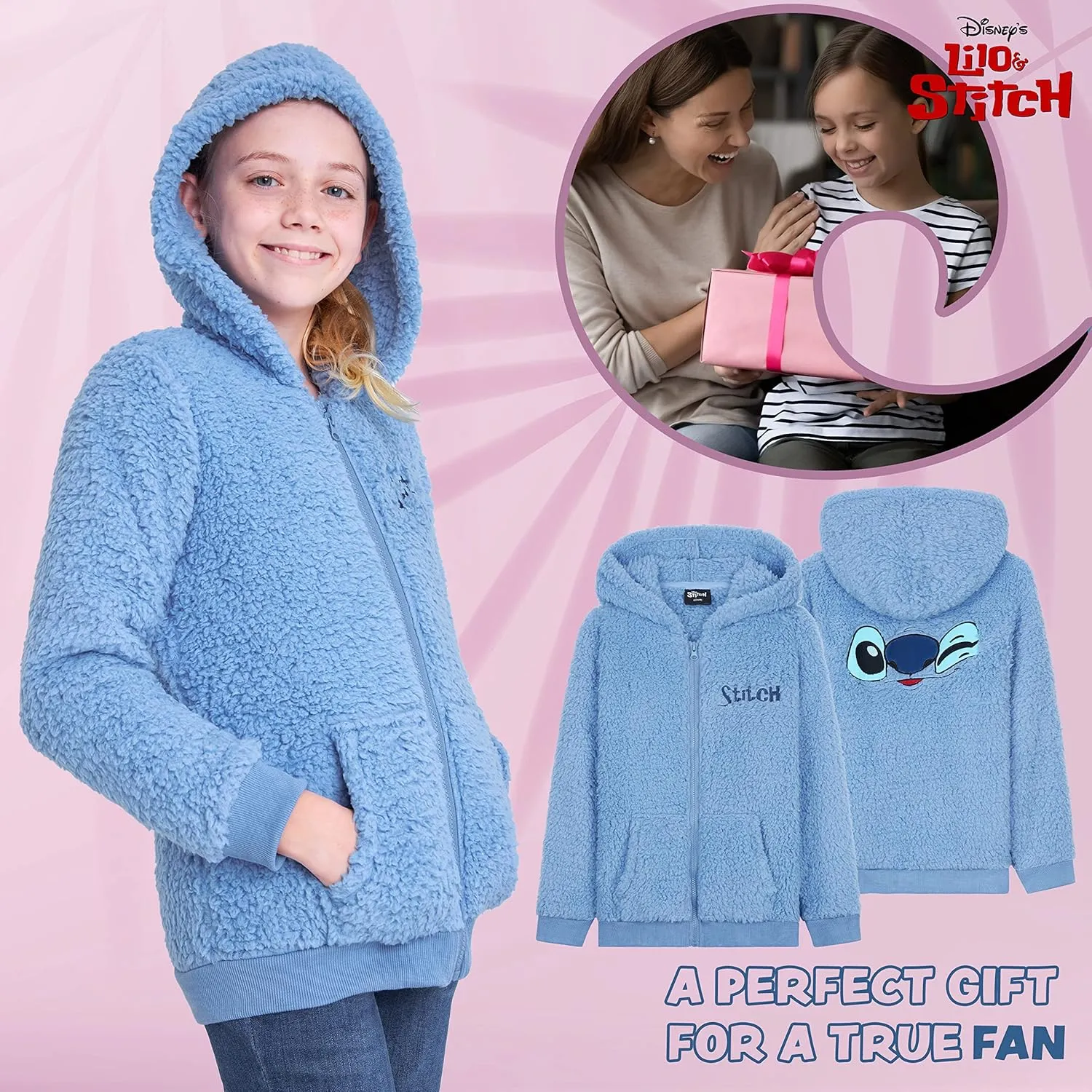 Disney Stitch Sherpa Hoodie for Girls, Zip Up Fleece Fluffy Hoodie for Kids Teens
