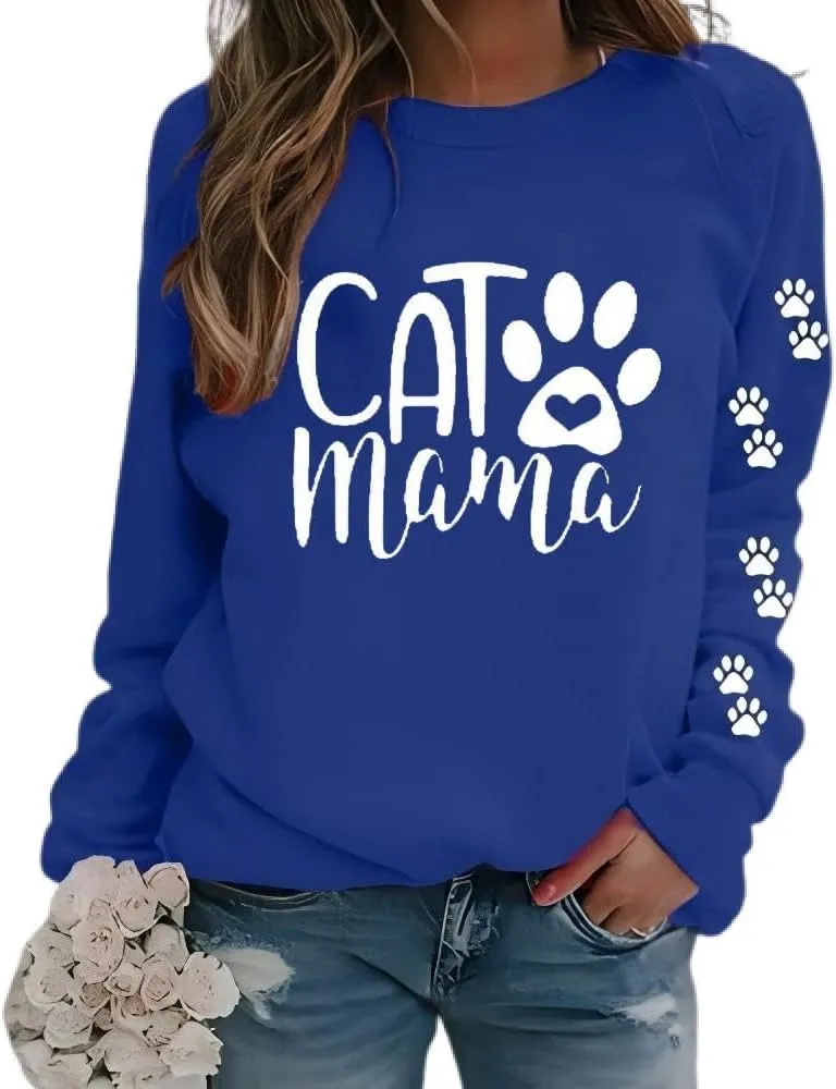 Dog Mom Shirts for Women Cat Mama Fleece Sweatshirts Pet Paw Lover Graphic Tee Xmas Winter Holiday Top