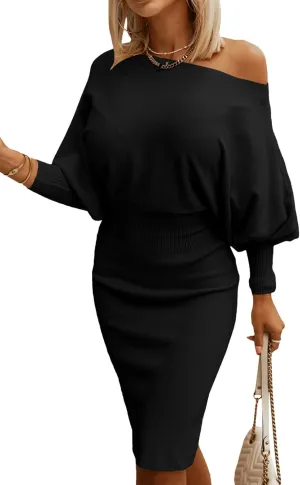 Dokotoo Women's Elegant Off Shoulder Long Lantern Sleeve Sweater Dress Elastic Waist Bodycon Mini Dresses
