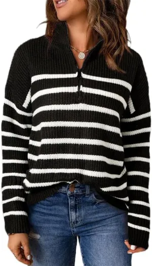 Dokotoo Womens Sweaters Long Sleeve 1/4 Zip Pullover Polo V Neck Dressy Casual Tops