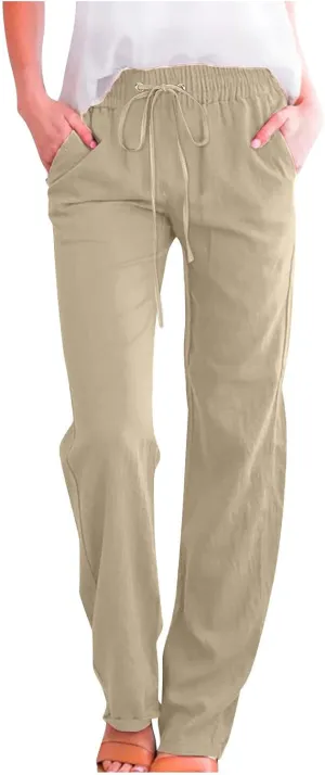 DOLKFU Loose Pants for Women Straight Leg Linen Pants Trousers Drawstring Elastic High Waist Summer Vacation Pants