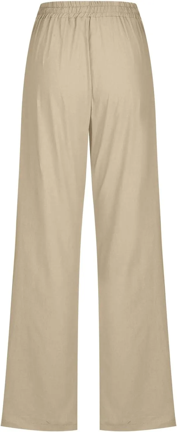 DOLKFU Loose Pants for Women Straight Leg Linen Pants Trousers Drawstring Elastic High Waist Summer Vacation Pants
