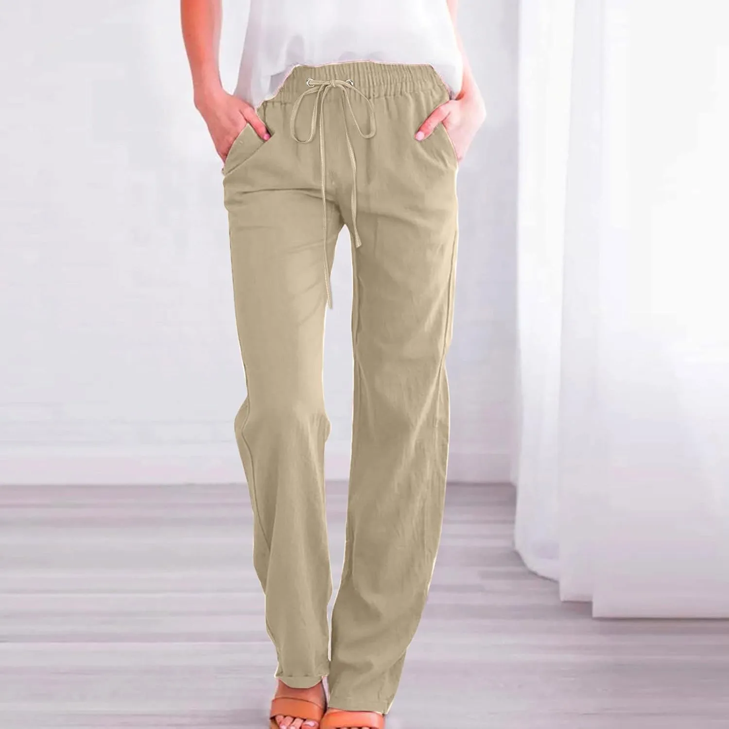 DOLKFU Loose Pants for Women Straight Leg Linen Pants Trousers Drawstring Elastic High Waist Summer Vacation Pants