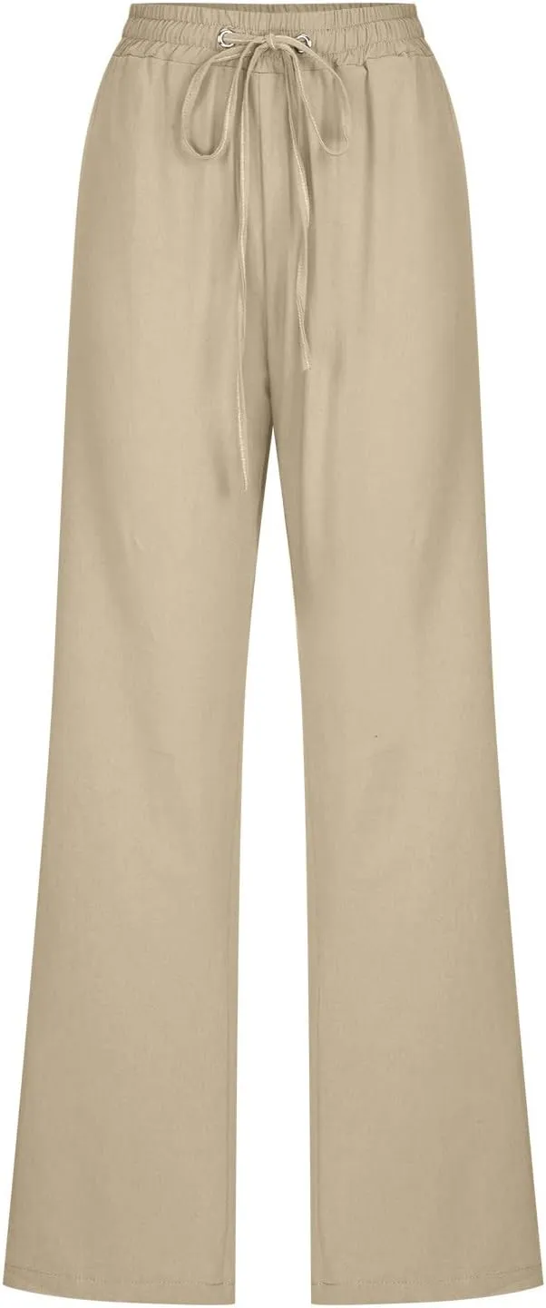 DOLKFU Loose Pants for Women Straight Leg Linen Pants Trousers Drawstring Elastic High Waist Summer Vacation Pants
