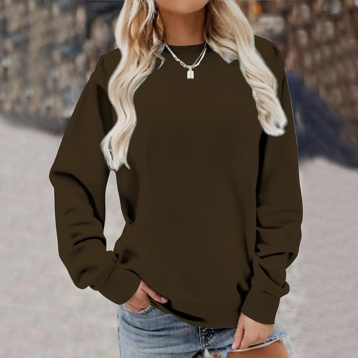 DOLKFU Womens Crewneck Loose Fit Sweatshirt Trendy Solid Color Pullover Tops Long Sleeve Casual Sweatshirts