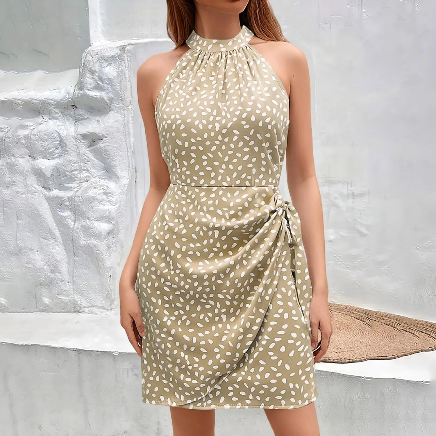 Dot Print midi Dress Summer Halter Sleeveless a line Sundress Casual Tie Waist Dress Zipper Back Vacation Beach Dresses