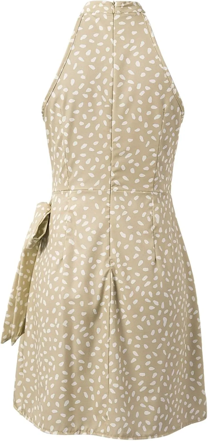 Dot Print midi Dress Summer Halter Sleeveless a line Sundress Casual Tie Waist Dress Zipper Back Vacation Beach Dresses