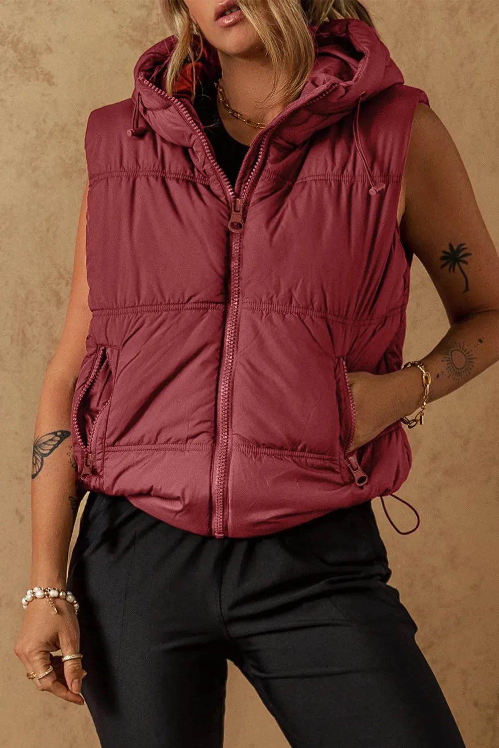 Drawstring Zip Up Vest Coat Sleeveless Vest for Fall and Winter Women's Fashion