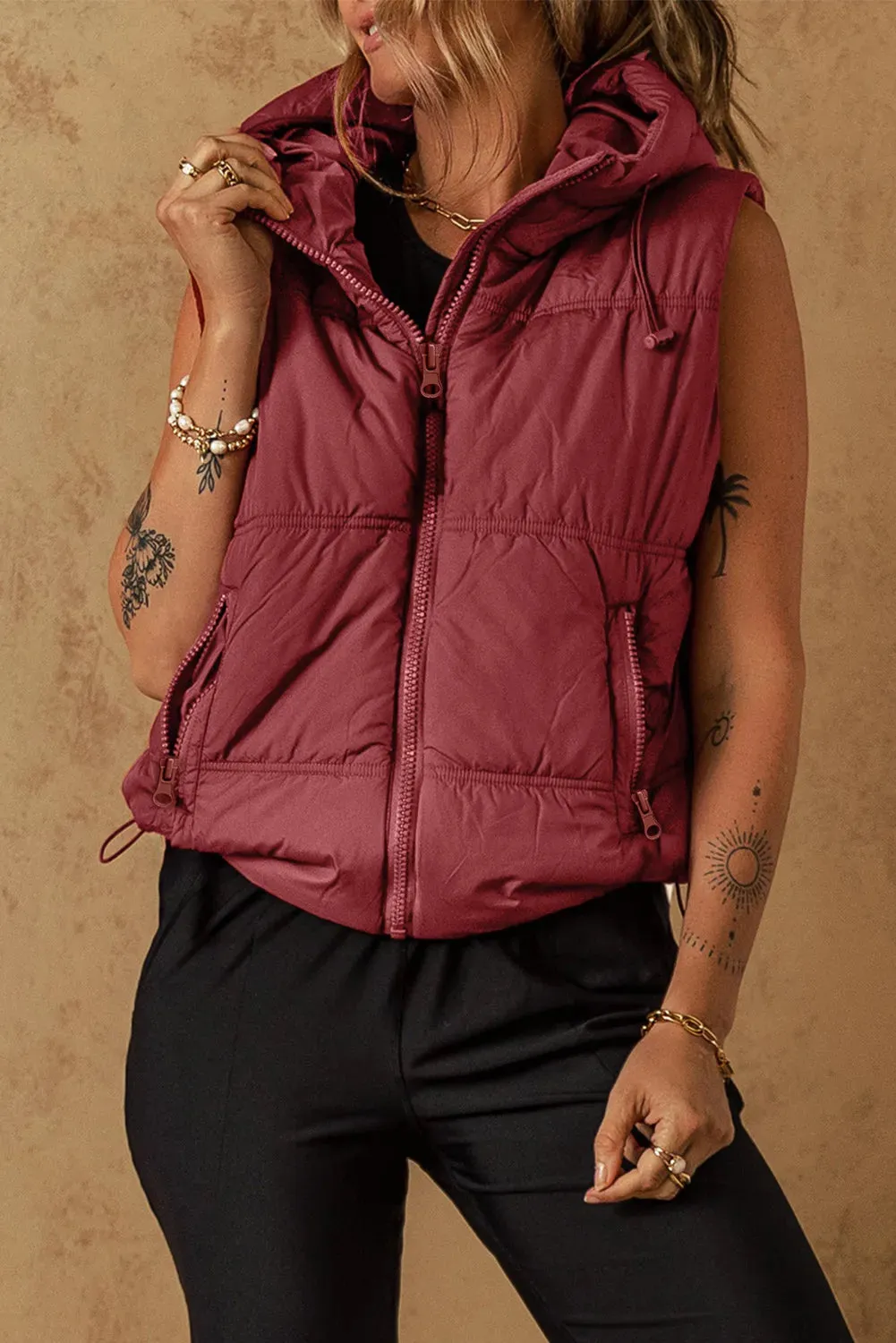 Drawstring Zip Up Vest Coat Sleeveless Vest for Fall and Winter Women's Fashion