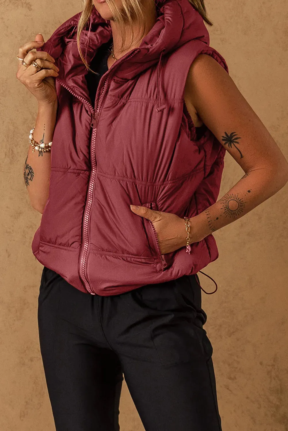 Drawstring Zip Up Vest Coat Sleeveless Vest for Fall and Winter Women's Fashion