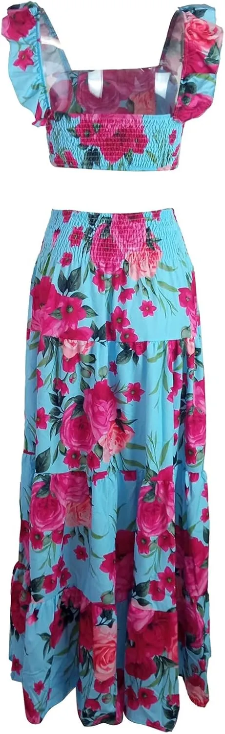 Dresses for Women 2024 Sleeveless Patchwork Square Neck Summer Floral Maxi Dress Sundresses Ruffle Hem Casual Party Dresses