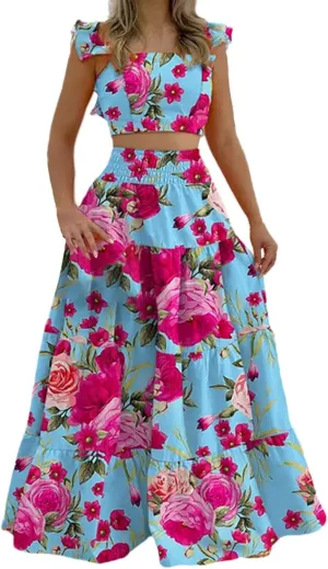 Dresses for Women 2024 Sleeveless Patchwork Square Neck Summer Floral Maxi Dress Sundresses Ruffle Hem Casual Party Dresses