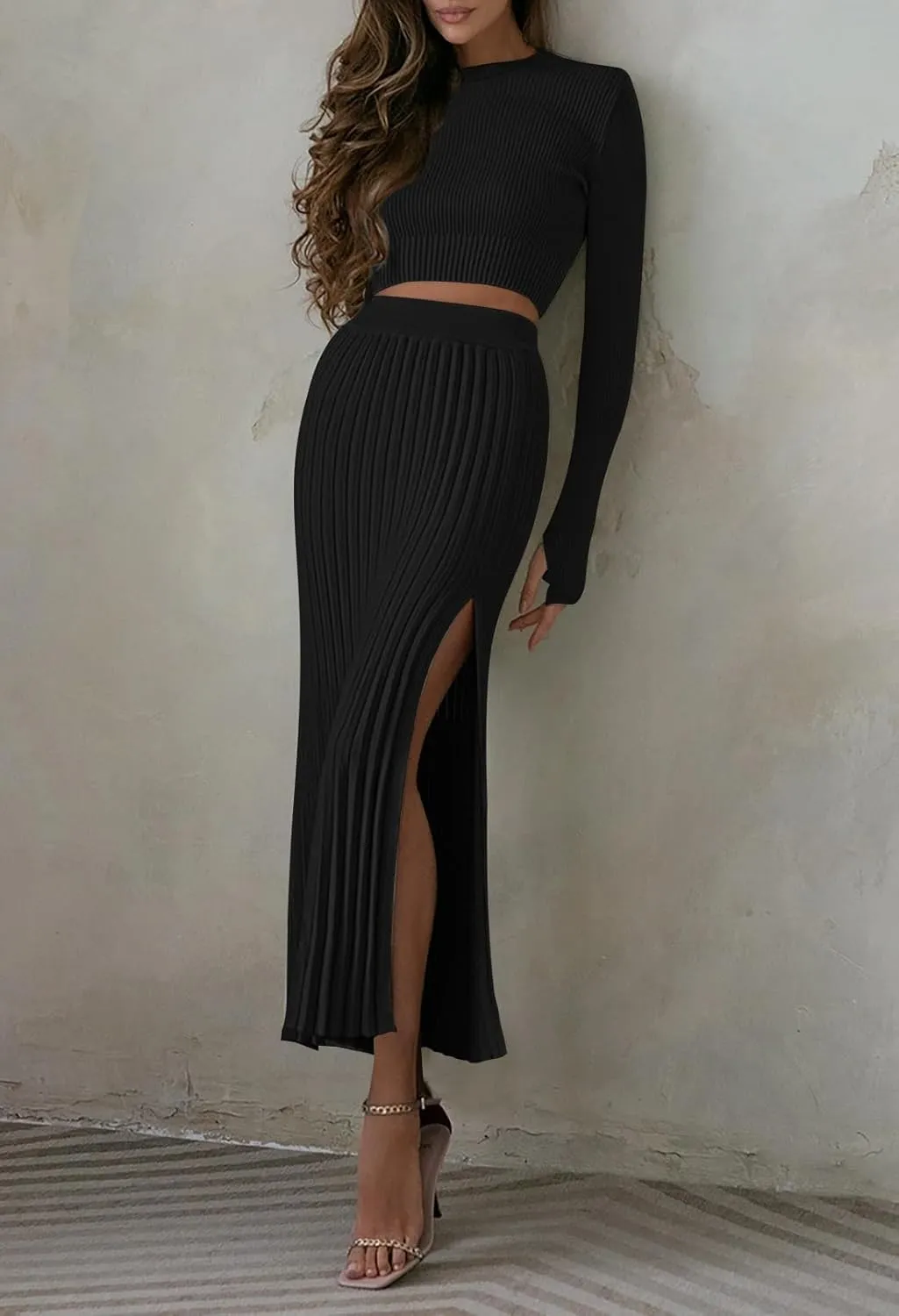 Duigluw Women 2 Piece Outfits Winter Long Sleeve Crop Top Bodycon Pleated Skirt Knit Sweater Dress Set