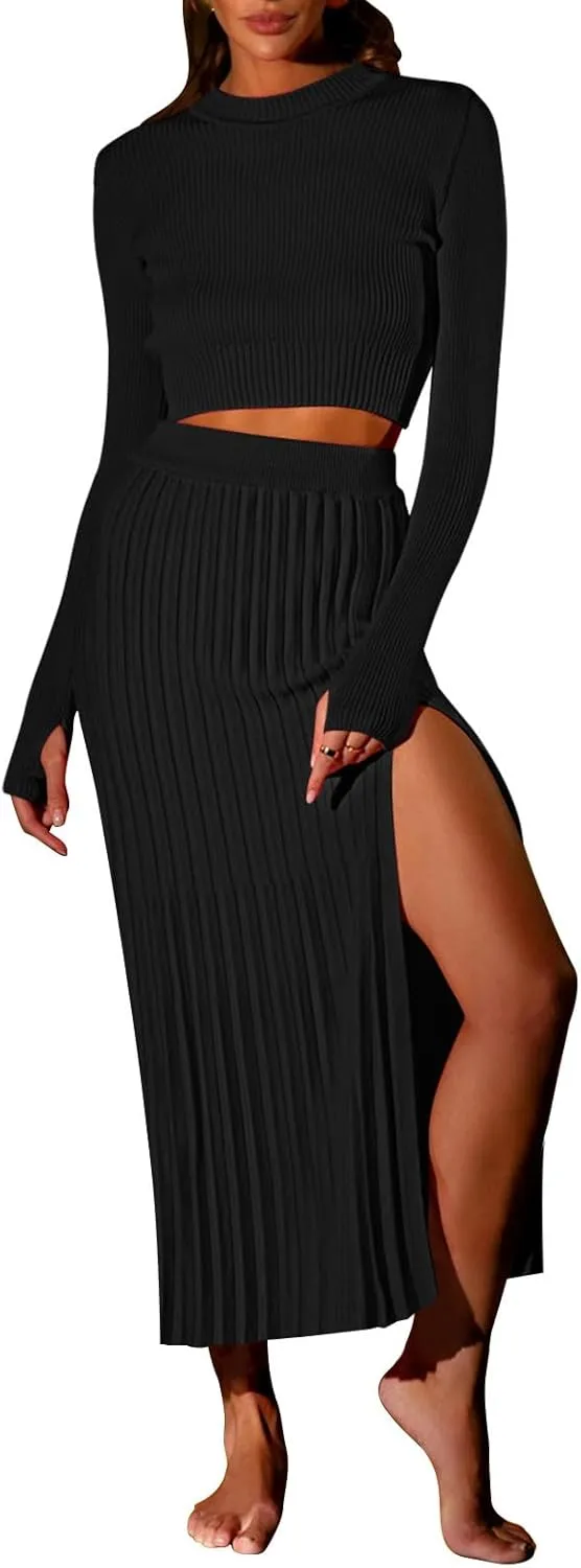 Duigluw Women 2 Piece Outfits Winter Long Sleeve Crop Top Bodycon Pleated Skirt Knit Sweater Dress Set