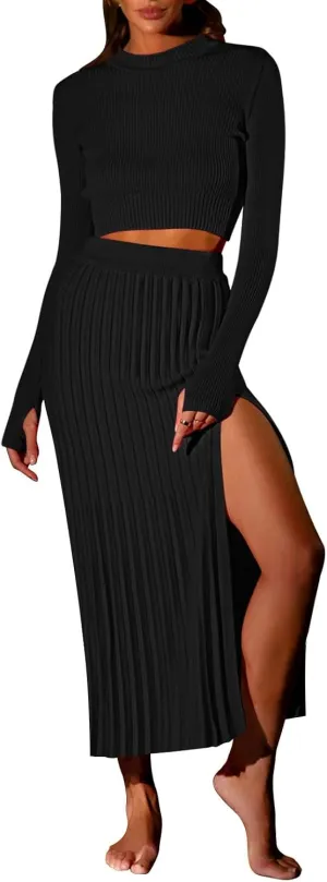 Duigluw Women 2 Piece Outfits Winter Long Sleeve Crop Top Bodycon Pleated Skirt Knit Sweater Dress Set