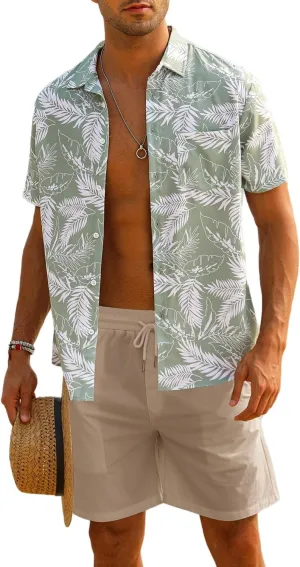 EISHOPEER Men's Flower Shirt Hawaiian Sets Casual Button Down Short Sleeve Shirt and Solid Quick Dry Beach Shorts S-3XL