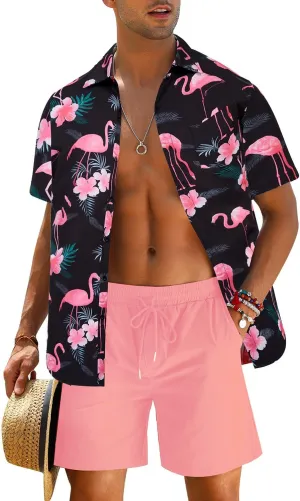 EISHOPEER Men's Flower Shirt Hawaiian Sets Casual Button Down Short Sleeve Shirt and Solid Quick Dry Beach Shorts S-3XL