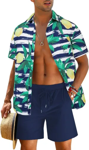 EISHOPEER Men's Flower Shirt Hawaiian Sets Casual Button Down Short Sleeve Shirt and Solid Quick Dry Beach Shorts S-3XL