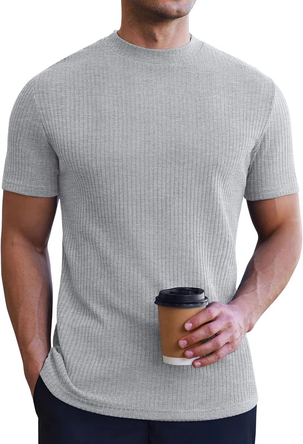 Ekouaer Mens Mock Turtleneck Short Sleeve Knit T Shirts Slim Fit Basic Thermal Tops Lightweight Tee S-XXXL