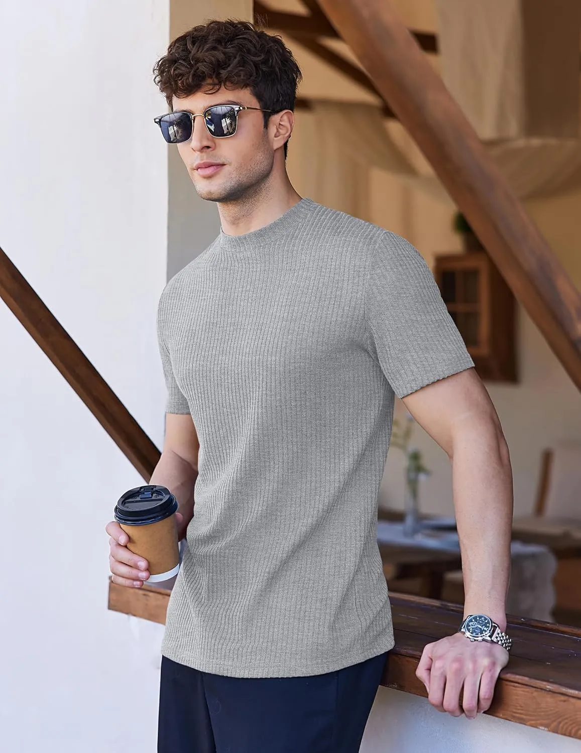 Ekouaer Mens Mock Turtleneck Short Sleeve Knit T Shirts Slim Fit Basic Thermal Tops Lightweight Tee S-XXXL