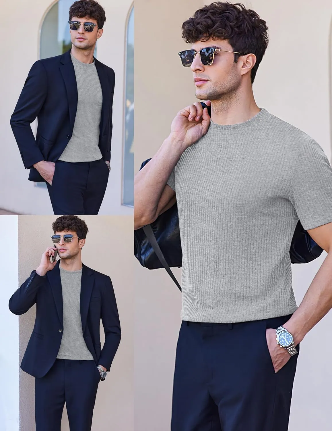 Ekouaer Mens Mock Turtleneck Short Sleeve Knit T Shirts Slim Fit Basic Thermal Tops Lightweight Tee S-XXXL