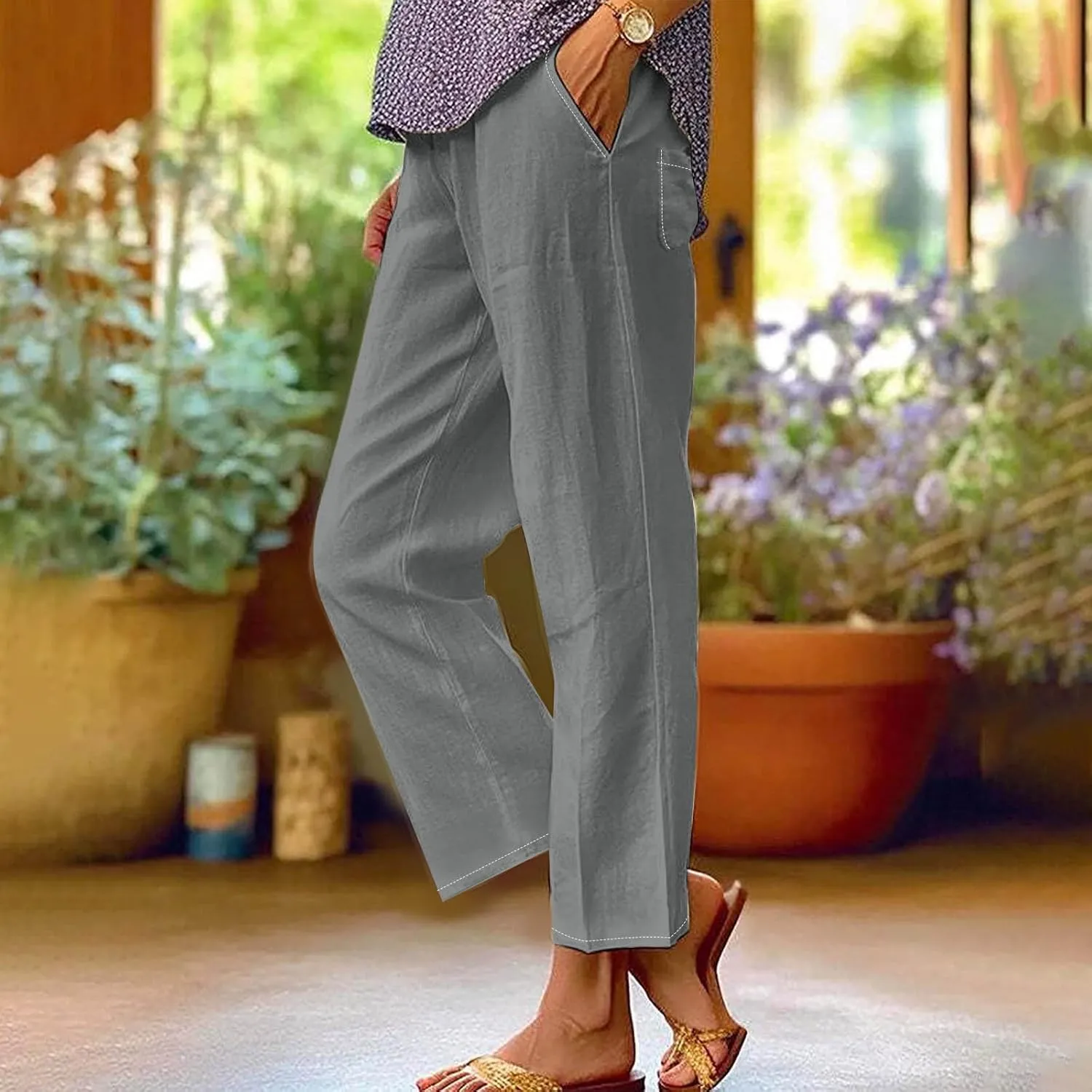 Elastic Waist Pants for Women Trendy 2024 Summer Casual Straight Leg Cotton Linen Pants Cropped Lounge Trousers