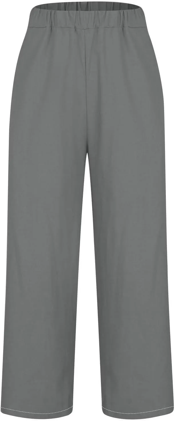 Elastic Waist Pants for Women Trendy 2024 Summer Casual Straight Leg Cotton Linen Pants Cropped Lounge Trousers