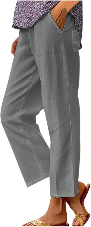 Elastic Waist Pants for Women Trendy 2024 Summer Casual Straight Leg Cotton Linen Pants Cropped Lounge Trousers