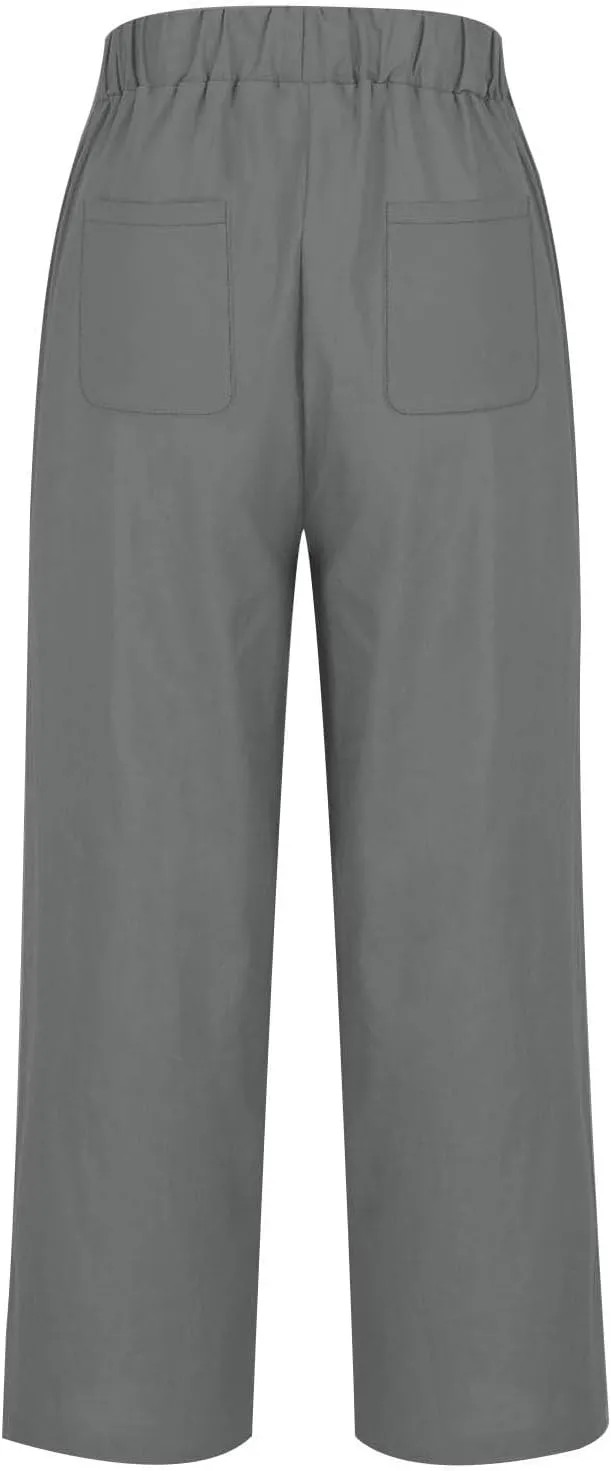 Elastic Waist Pants for Women Trendy 2024 Summer Casual Straight Leg Cotton Linen Pants Cropped Lounge Trousers