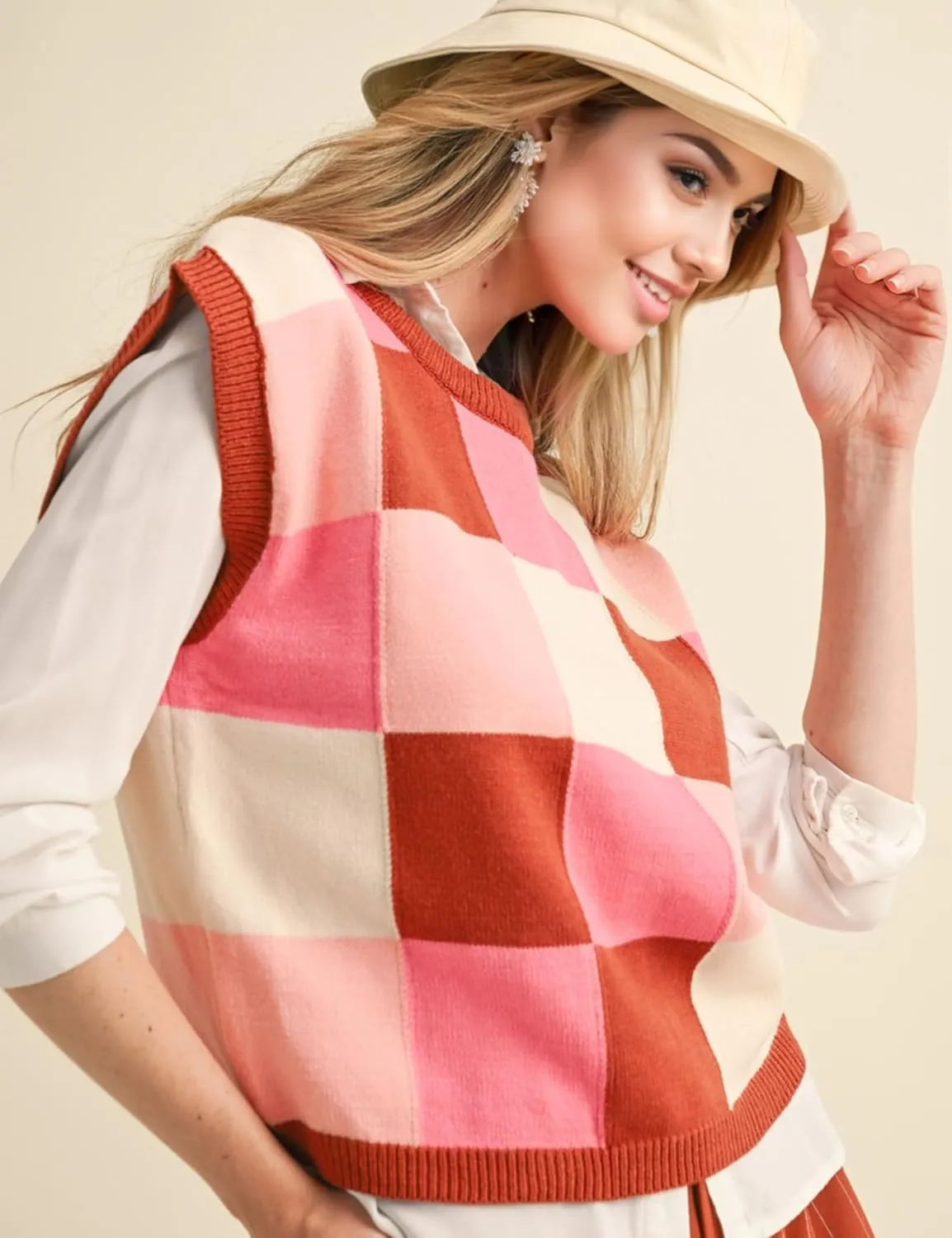 Esmeling Womens Crew Neck Cap Sleeve Sweater Vest Trendy Checkered Knitted Pullover Tank Tops