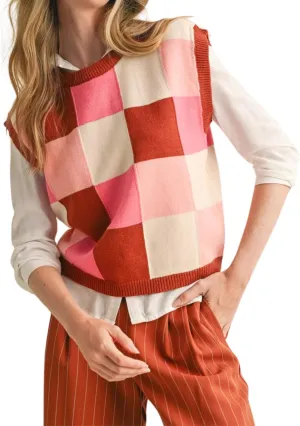 Esmeling Womens Crew Neck Cap Sleeve Sweater Vest Trendy Checkered Knitted Pullover Tank Tops