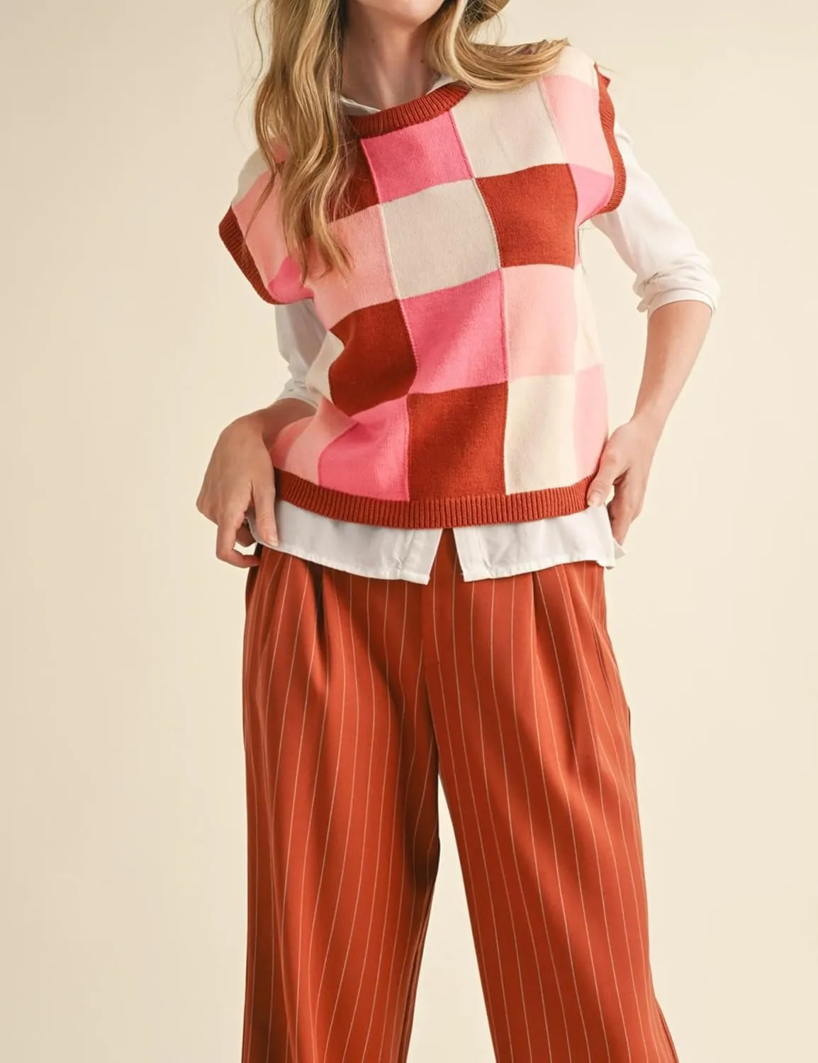 Esmeling Womens Crew Neck Cap Sleeve Sweater Vest Trendy Checkered Knitted Pullover Tank Tops