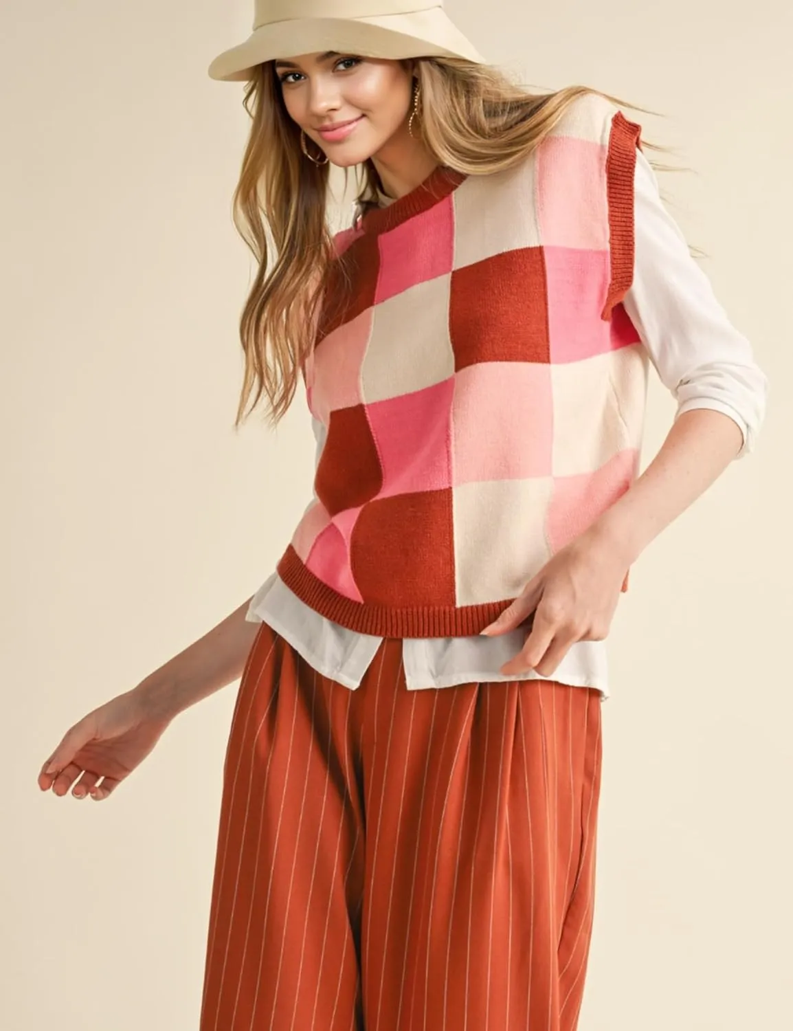 Esmeling Womens Crew Neck Cap Sleeve Sweater Vest Trendy Checkered Knitted Pullover Tank Tops