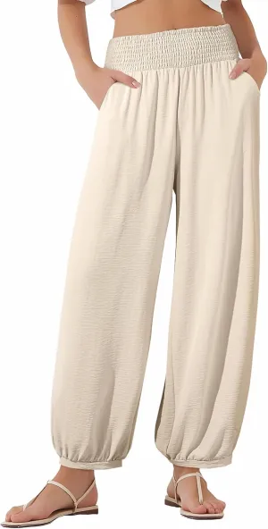 EVALESS Women's Wide Leg Baggy Pants Elastic High Waisted Casual Harem Pants Trousers with Pockets