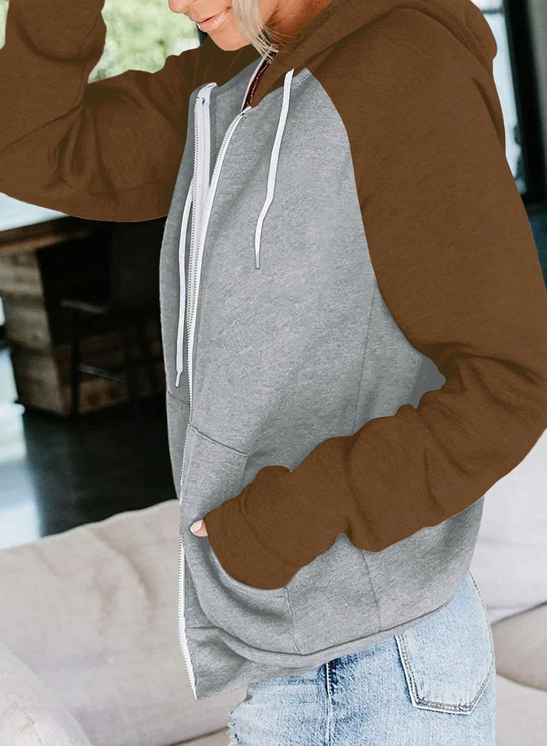Ezbelle Women's Color Block Zip Up Hoodie Sweatshirt Casual Long Sleeve Jacket Sweater with Pockets