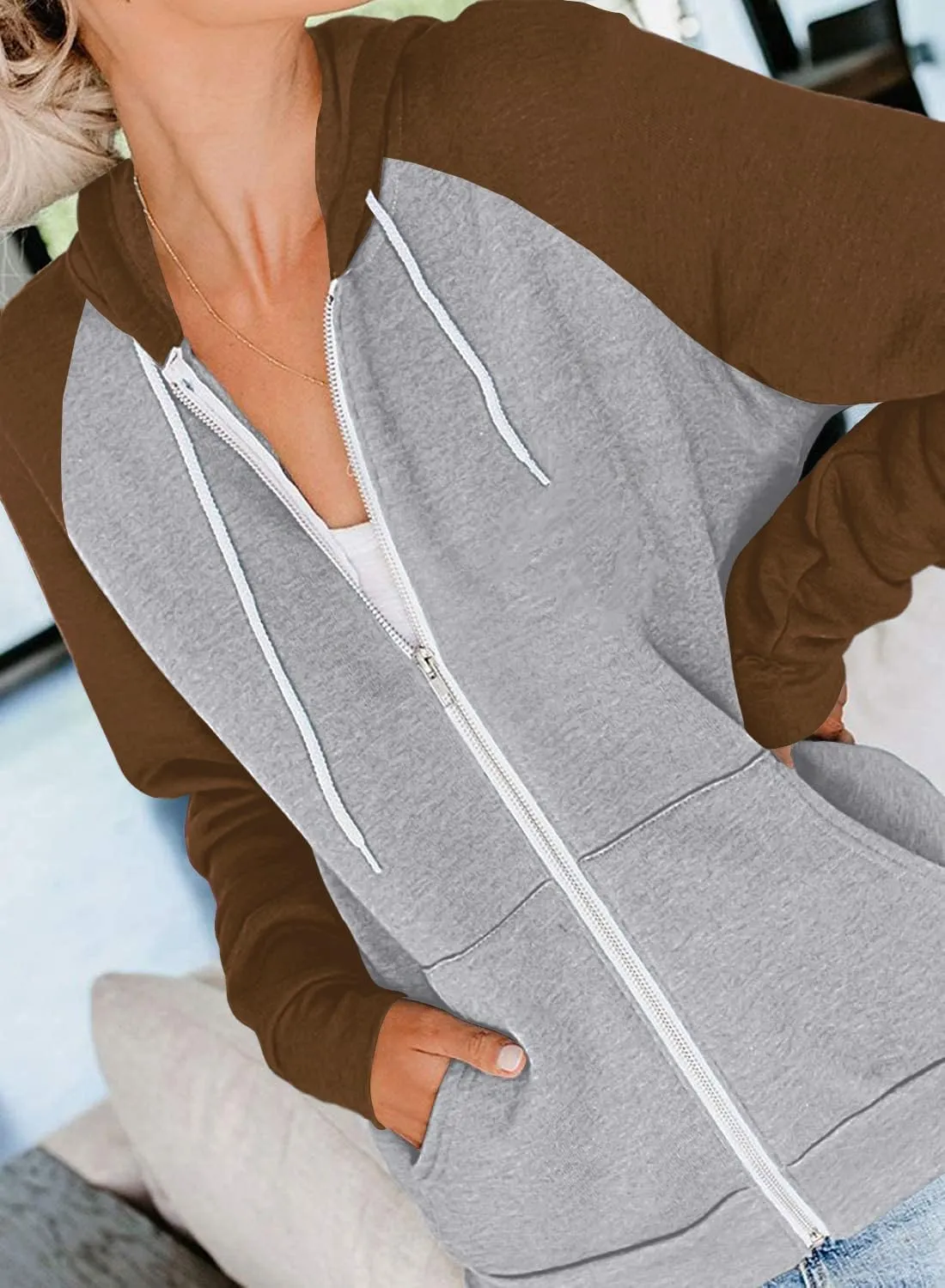 Ezbelle Women's Color Block Zip Up Hoodie Sweatshirt Casual Long Sleeve Jacket Sweater with Pockets