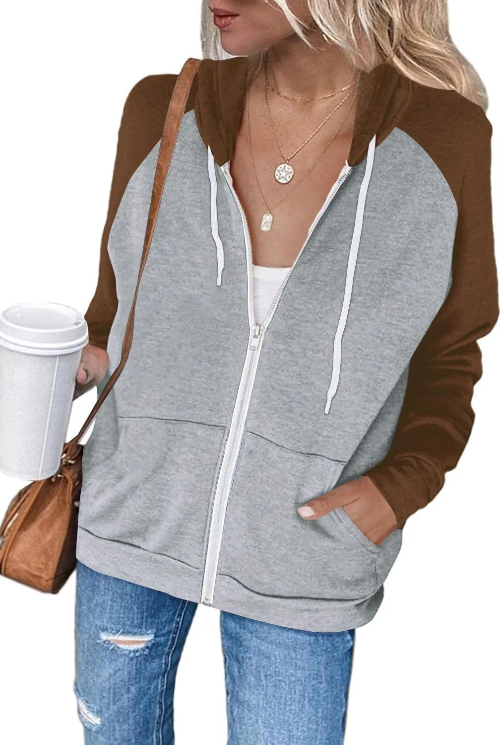 Ezbelle Women's Color Block Zip Up Hoodie Sweatshirt Casual Long Sleeve Jacket Sweater with Pockets