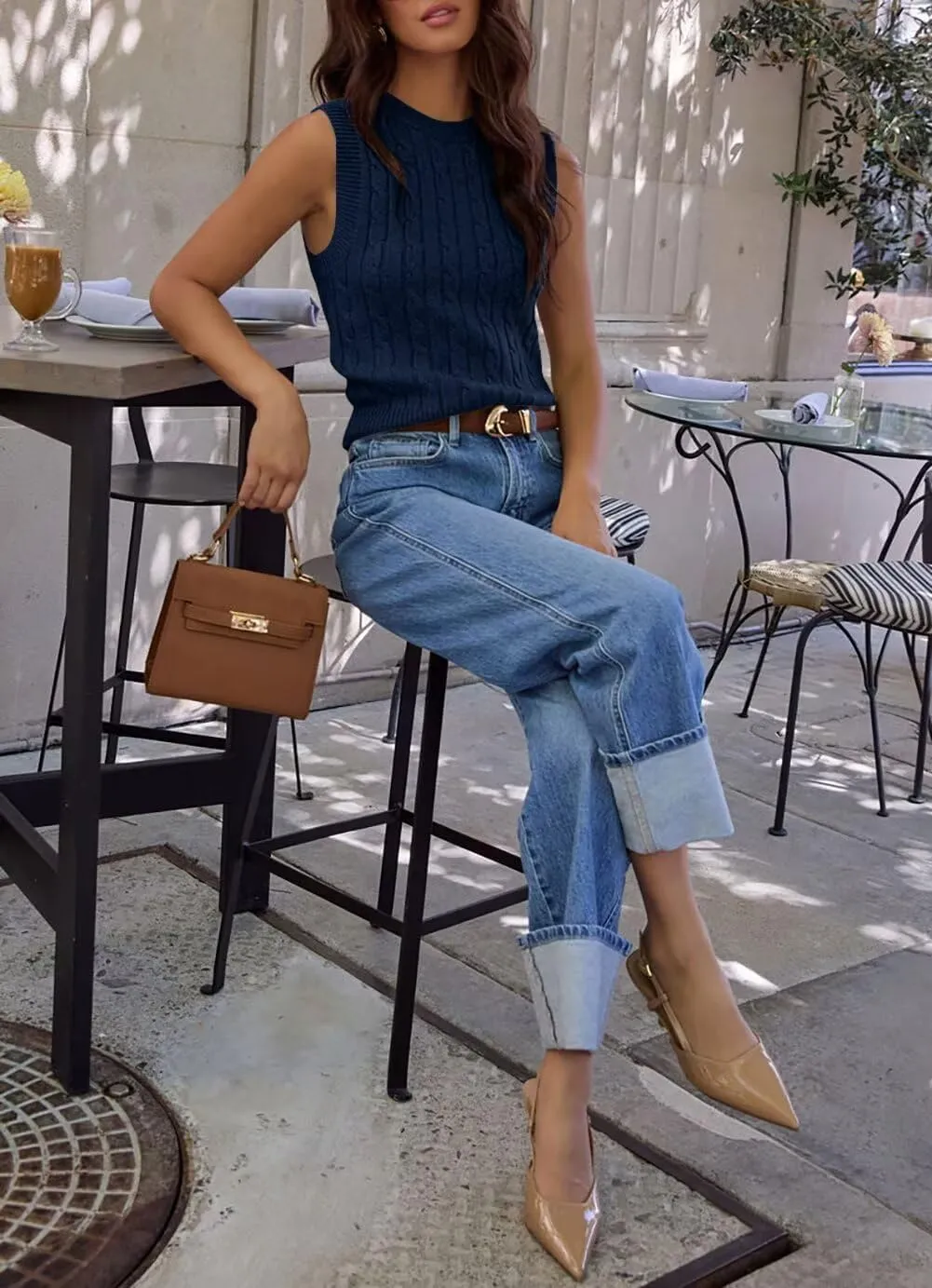Ezbelle Women's Summer Crop Shirts Sleeveless Tops Cable Knit Tank Work Sweaters Vest Trendy Outfits