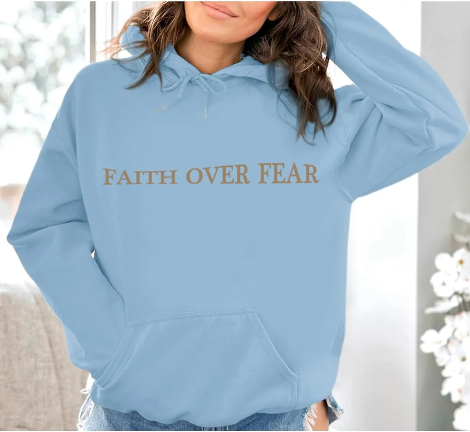 Faith Over Fear Hoodie for Women Christian Jesus Inspirational Sweatshirts Religious Oversized Graphic Pullover Tops