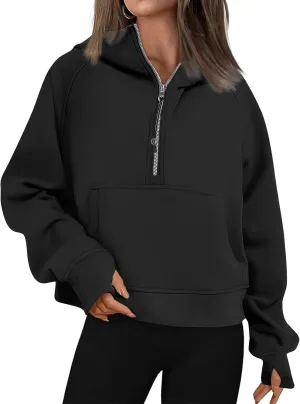 fanmpghleoo Oversized Hoodies for Women Half Zip Mock Neck Fleece Hooded Sweatshirt Loose Fit Thumb Hole Pullover Hoodie