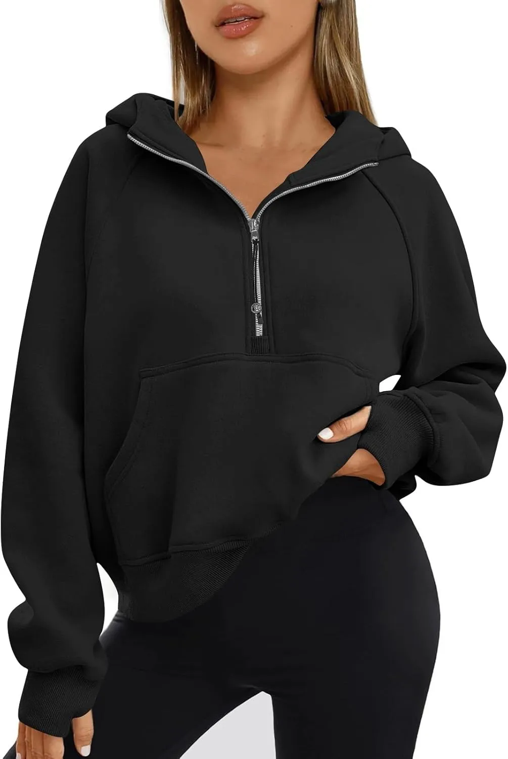 fanmpghleoo Oversized Hoodies for Women Half Zip Mock Neck Fleece Hooded Sweatshirt Loose Fit Thumb Hole Pullover Hoodie
