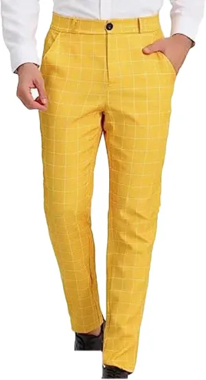Fashion Plaid Printed Suit Trousers Men Slim Fit Button Zipper Dress Pants Casual Straight Leg Pants with Pockets