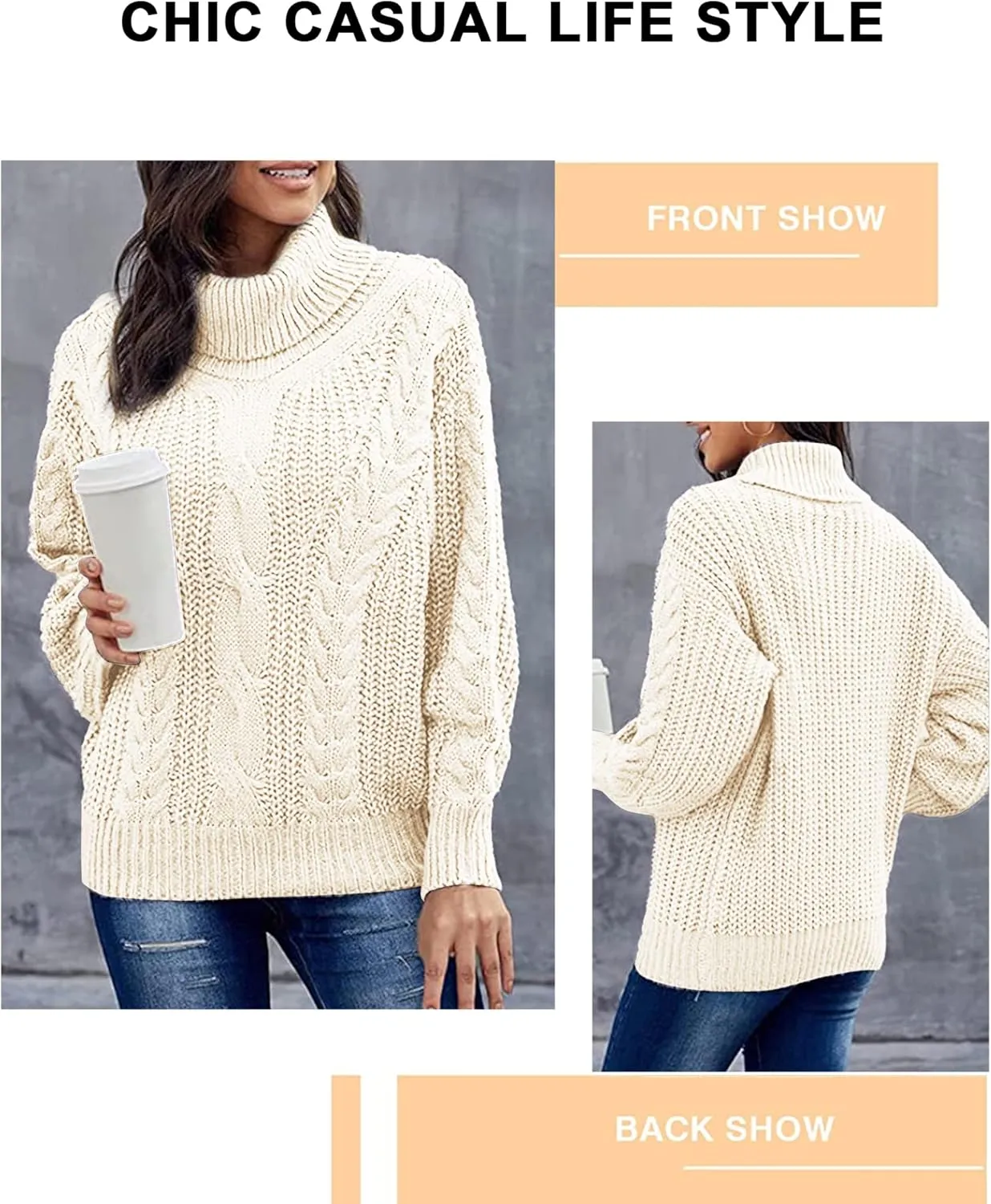 Fashionme Chic Ballon Sleeve Winter Turtleneck Chunky Sweater Slouchy Oversized Loose Pullover Outerwear Warm Thick