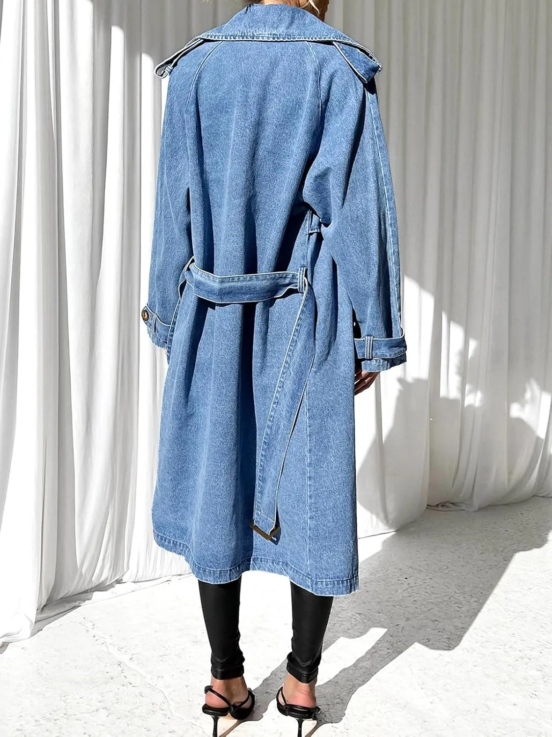 Fazortev Women's Long Double Breasted Denim Jacket Oversized Button Down Maxi Jean Coat Classic Lapel Outercoat