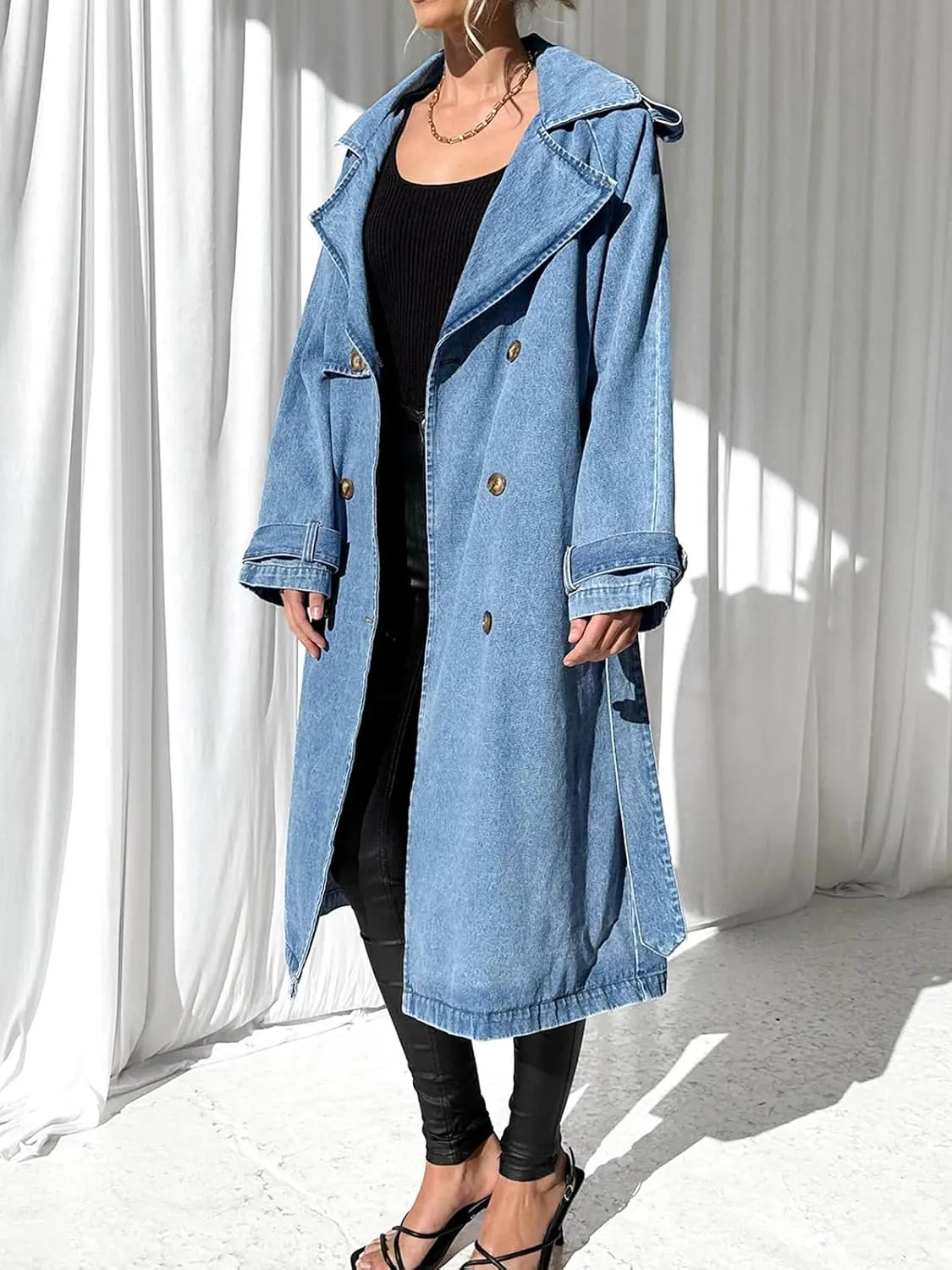 Fazortev Women's Long Double Breasted Denim Jacket Oversized Button Down Maxi Jean Coat Classic Lapel Outercoat