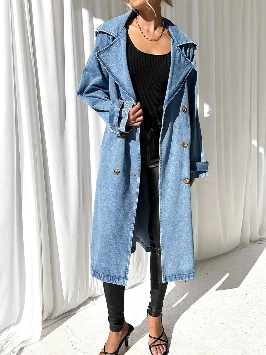 Fazortev Women's Long Double Breasted Denim Jacket Oversized Button Down Maxi Jean Coat Classic Lapel Outercoat