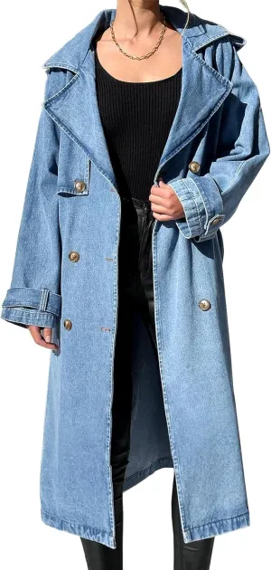 Fazortev Women's Long Double Breasted Denim Jacket Oversized Button Down Maxi Jean Coat Classic Lapel Outercoat