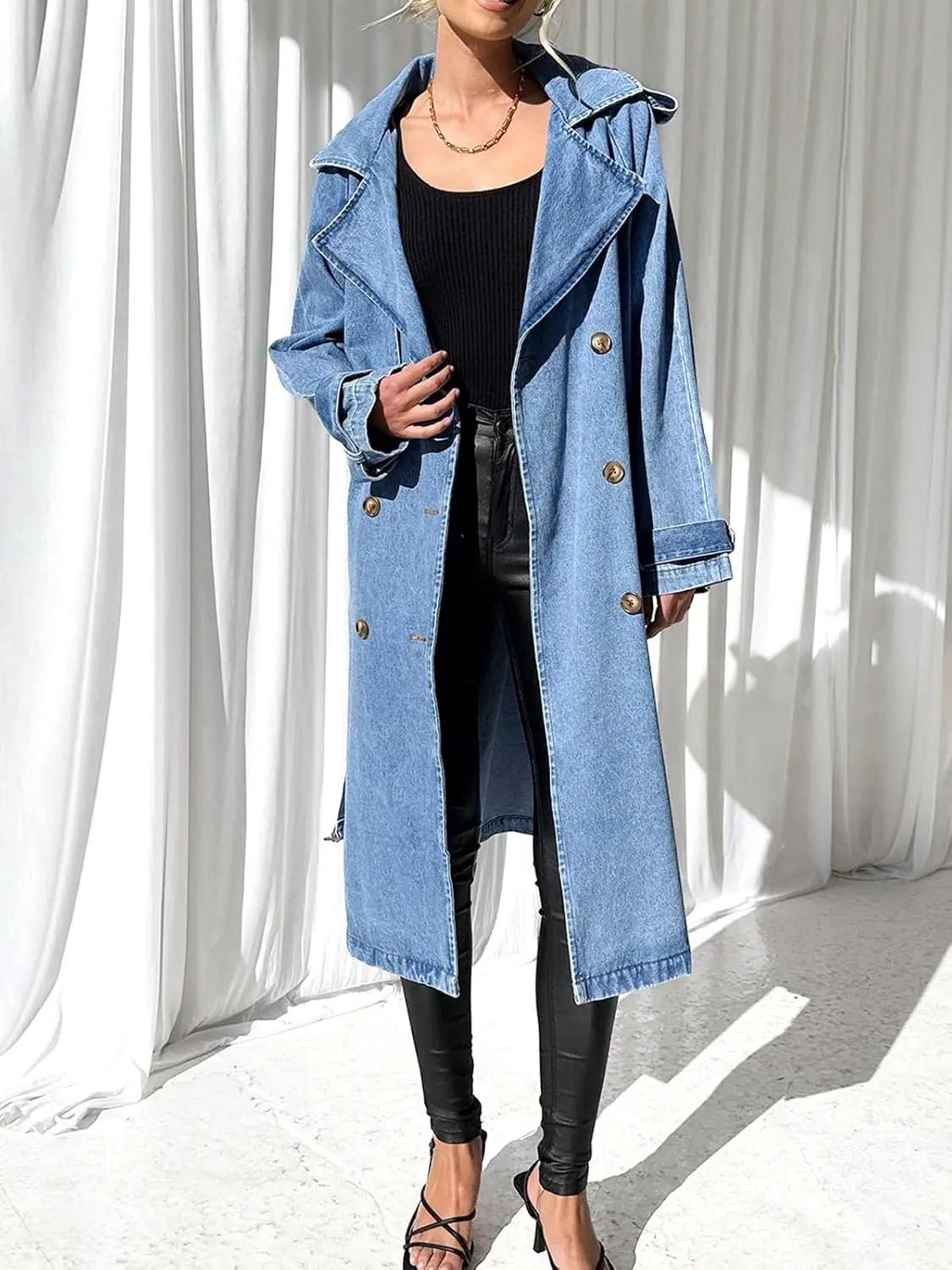Fazortev Women's Long Double Breasted Denim Jacket Oversized Button Down Maxi Jean Coat Classic Lapel Outercoat