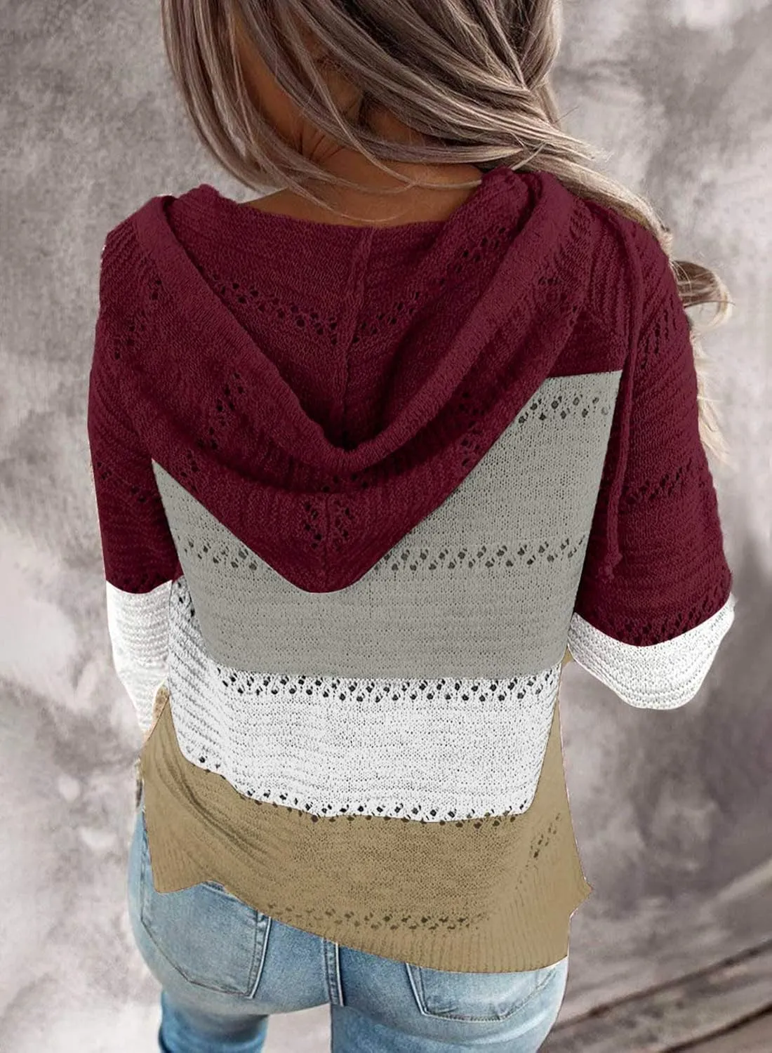 FEKOAFE Women's 2025 Fall Striped Color Block Hoodies Fashion V Neck Knit Sweater Pullovers